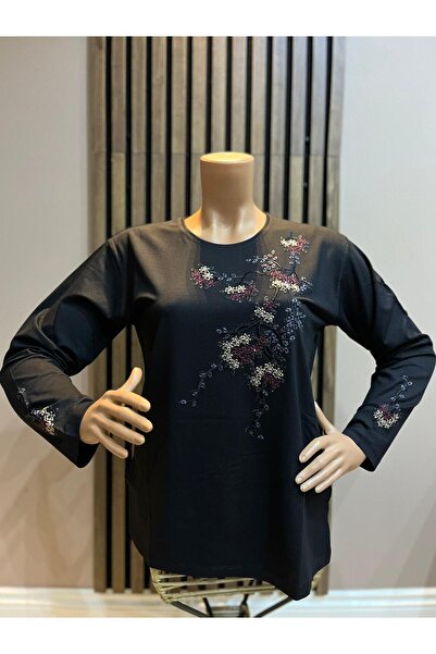 AKMAVİ Women's Middle Age and Above Round-Neck Viscose Colorful Embroidered S...