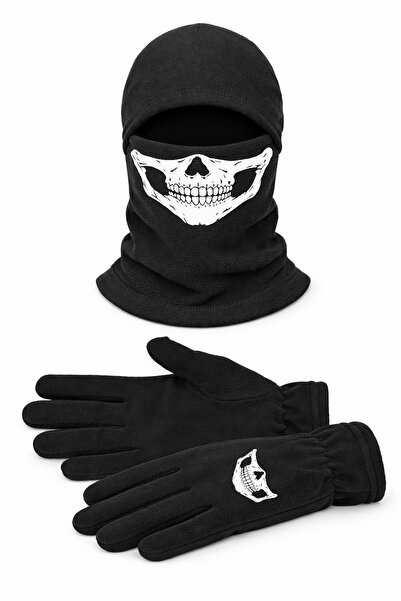Atelier Print İskelet Maske Unisex Kar Maskesi Uzun Eldiven Set Polar