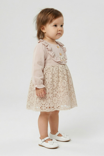 Minipomes Baby Girl Laced Long Sleeve Muslin Dress Pink