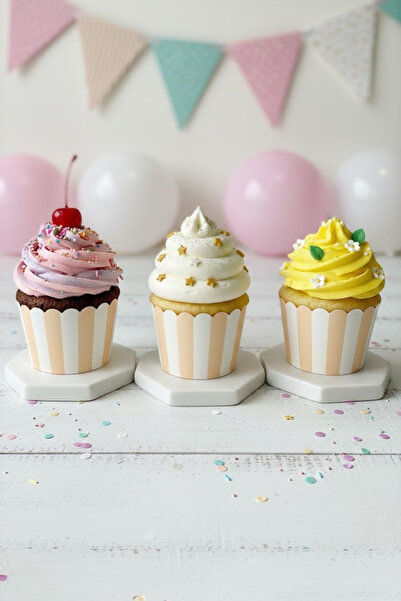 NEWPARİ Çizgili Makaron Krem Renk Temalı Cupcake & Muffin Kek Kalıbı Fırında ...