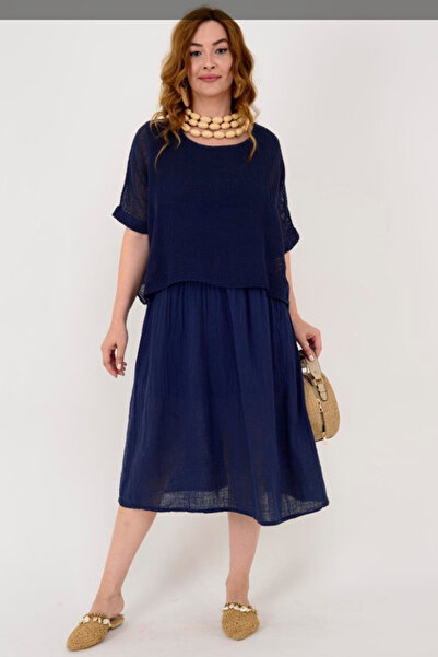 AYASOFYA OTANTIK Women's Italian Navy Blue Plain Pattern Mesh 100% Cotton Lin...