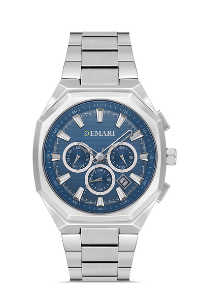 DEMARİ Men's Wristwatch Quartz - Silver Steel Band, Blue Dial Cornered Case S...