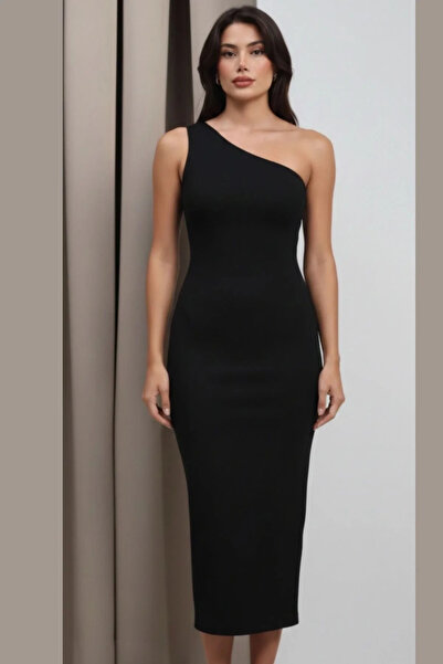 bysoca Women's Black Asymmetrical Collar One-Shoulder Sandy Fabric Bodycon Ma...