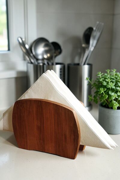 Akkoyunlu home Natural Acacia Bamboo Napkin Holder Stylish Tabletop Wooden Na...