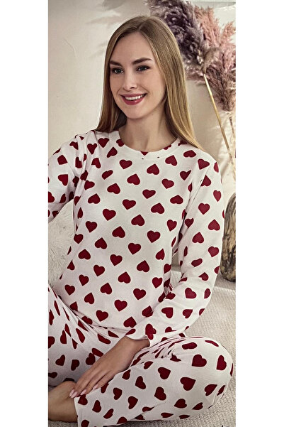 Kadın Waffle Kumaş Kalp Desenli Pijama Takımı