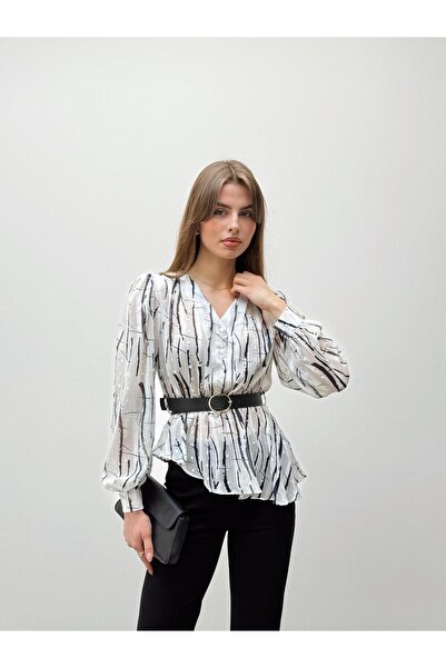 Maldia Shop Liora Belted Patterned White Chiffon Shirt
