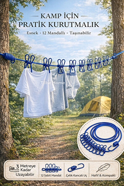 Tilbe Home Mandallı Kancalı Kamp Çamaşır Asma İpi 1.8-3m Elastik Taşınabilir ...