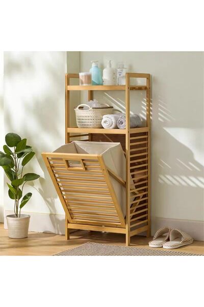 RAVILO Bambu Kirli Sepetli 2 Raflı Çok Amaçlı Banyo Düzenleyici Çamaşır Sepet...