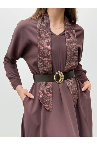 Maldia Shop فستان بني أنيق بتفاصيل وشاح وحزام