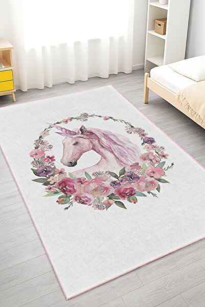 Home Pembe Çiçekler Etrafında Unicorn Desenli Yıkanabilir Kaymaz Taban Halı