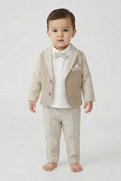 Minipomes Costum de in pentru bebelusi cu jacheta din plasa, bej