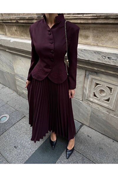 Julidress Padded Jacket with Embroidery Detail and Pleated Maxi Skirt Premium...