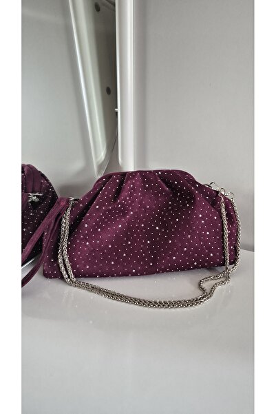 espoi collection Mürdüm Taşlı Kadın Çantası - Gümüş Zincir Askılı Kadife Doku...