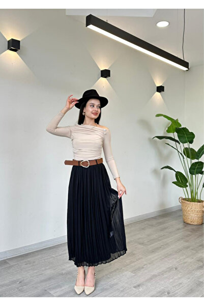 FORSACE Kadın Yüksek Bel Pileli Midi Boy Şık Şifon Kemerli Etek