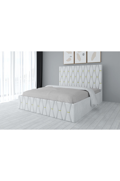 MobilaStefan Pat tapițat Oscar, alb, stofă, 120x200 cm, fără saltea, cu supor...