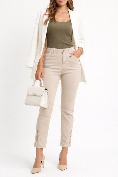 Zümrüt Moda Butik Bej Yüksek Bel Paçası İşlemeli Pantolon