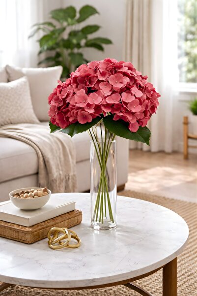 BUSERİSE 1 Adet 5 Dallı Yapay Lüks Gül Kurusu Ortanca – Gelin Çiçeği Stilinde...