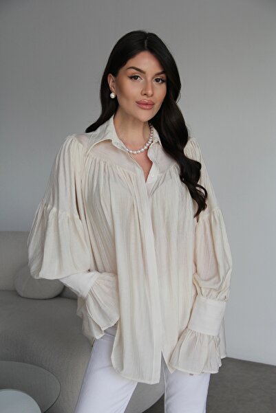 Julidress Vintage Büzgü Kol Detaylı Premium Krem Bej Gömlek