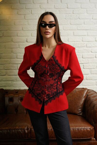 Julidress Red Lace Detailed V-Neck Design Premium Blazer Jacket