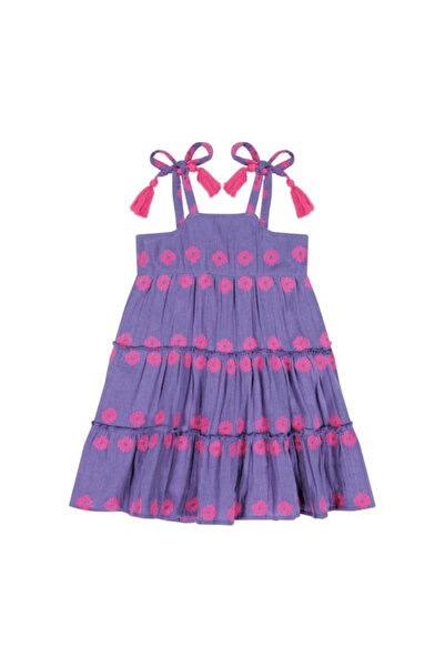 PETIT-ATELlER Petit Atelier Girls Purple Tiered Dress Pink Embroidery Tassel ...