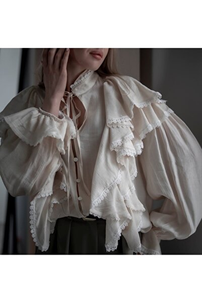 Lavanta Tekstil Ruffle Flounce Tie Detail Shirt