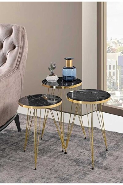 TrentonGCC Set of 3 Black Marble Look Nesting Tables Gold Metal Legs Modern S...