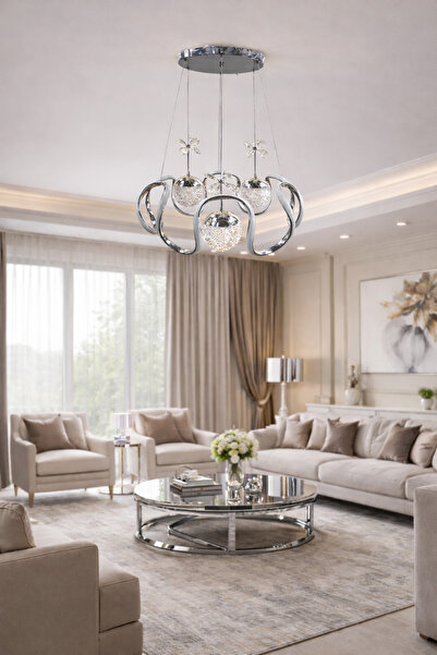 TREND KAFKAS Lotus Krom Kristal Modern Sarkıt Avize – 3lü kristal Küre Tasarım