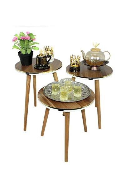 TrentonGCC Set of 3 Wooden Nesting Tables Gold Rim Modern Side Coffee Table L...