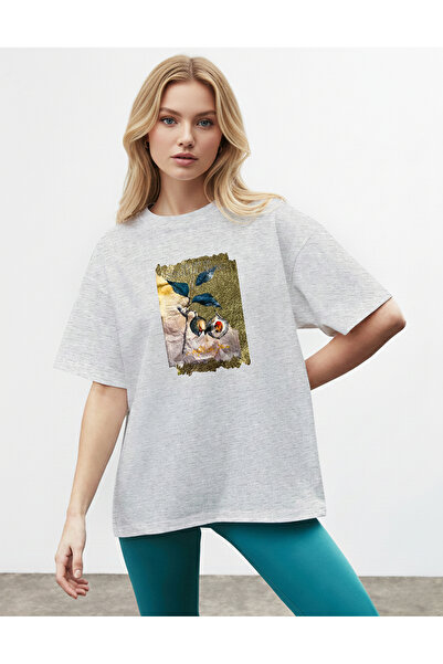 caddekombin Women's Oversize Blue Leaf Printed Gray T-Shirt