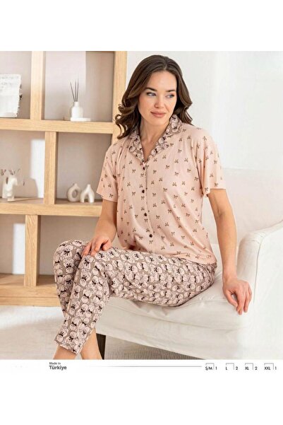 İpek Women's Short Sleeve Front Buttoned Teddy Bear Bow Pattern Modal Ribbed ...