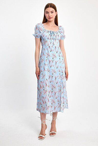 ihraç pazarı فستان نسائي طويل منقوش بالزهور مع ياقة وأربطة، فستان صيفي متوسط ...