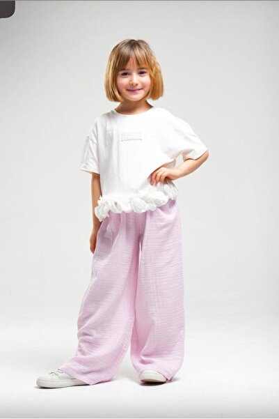 LOCO LOCO Limi̇ Girl's Soft Textured Muslin Pants Cotton T-Shirt 2-Piece Set