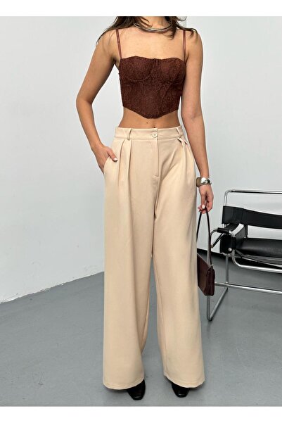 QUASAR Fashion New Season Double Pleated Woven Fabric Buttoned Wide-Let Palaz...