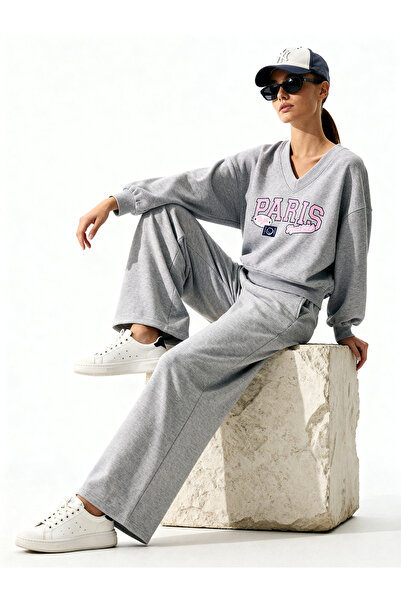 ALİKA Paris Printed V-Neck Wide-Leg Casual Stylish Top and Bottom Tracksuit Set