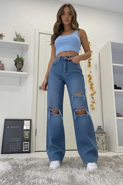 Trn JNS Christian Lycra Women's Medium Blue Ripped Super High Waist Loose Leg...