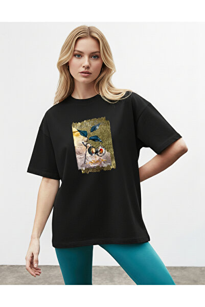 caddekombin Women's Oversize Blue Leaf Printed Black T-Shirt