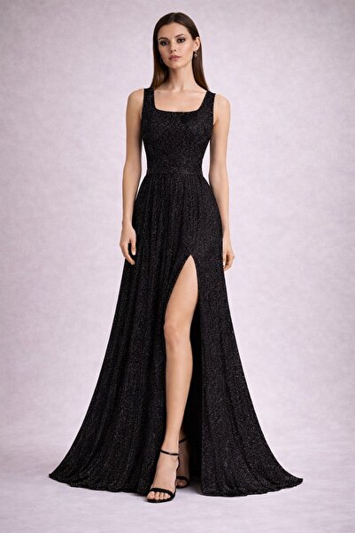 stylingpark Simli Kumaş Uzun Kolsuz Yırtmaç Detaylı Abiye Elbise