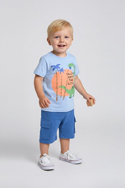 SERRASTIL Baby Boy Pajama Set Blue Color Dinosaur Patterned Cotton Pocketed S...