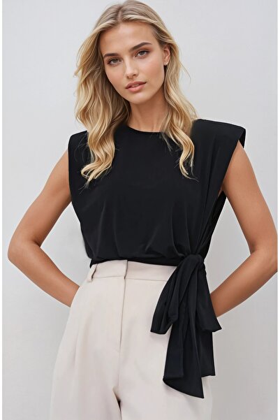 OLSAMODA Women's Sleeveless Flexible Sandy Fabric Padded Blouse with Waist Belt