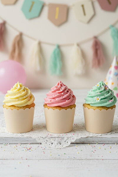 NEWPARİ Krem Makaron Renk Temalı Cupcake & Muffin Kek Kalıbı Fırında Dağılmaz...