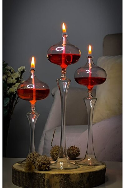 Empressco Şamdan Cam Kandil 3’lü Set, Kırmızı, Şık ve Şık Dekorasyon Aksesuarı