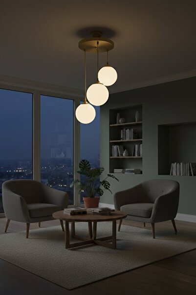 Aydınlatma Dünyam 3lü Tepsi Eskitme Beyaz Glop Camlı Sarkıt Avize Oturma odas...