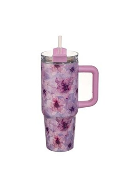 OEM Stainless Steel Thermos Mug Pink with Floral Print & Handle 900 ml