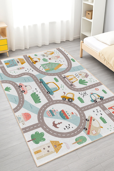 Home Yolda Giden Araba Desenli Kaymaz Tabanlı Çocuk Odası Halısı