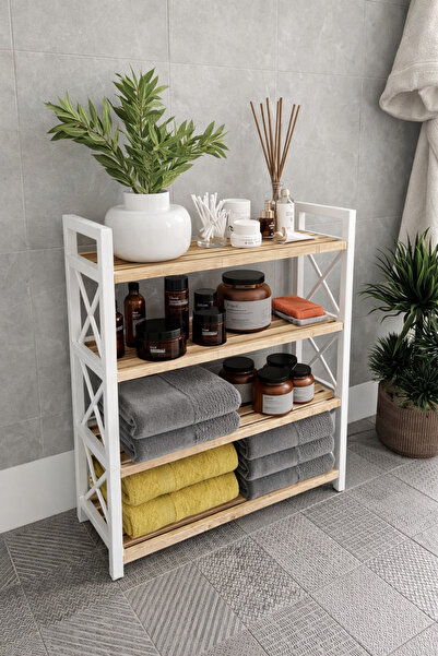 bituclass BEYAZ Dekoratif Banyo Rafı Havluluk Peçetelik 4 KATLI BEYAZ