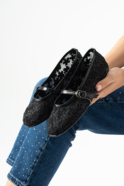 dabab shoes Lorena Women's Black Floral Embroidered Tulle Mary Jane Ballerinas