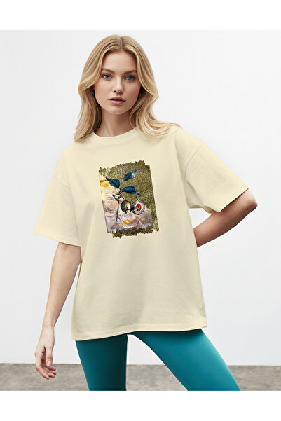 caddekombin Women's Oversize Blue Leaf Printed Beige T-Shirt