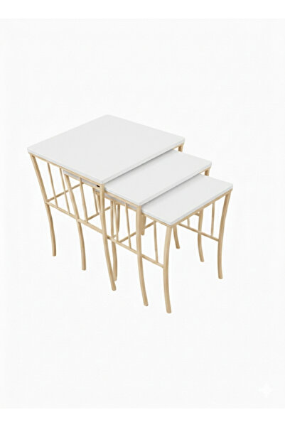 Riyes Tasarım Sepet Model 3 lü Zigon Cappucino Metal Ayaklı Sehpa Seti- Moder...