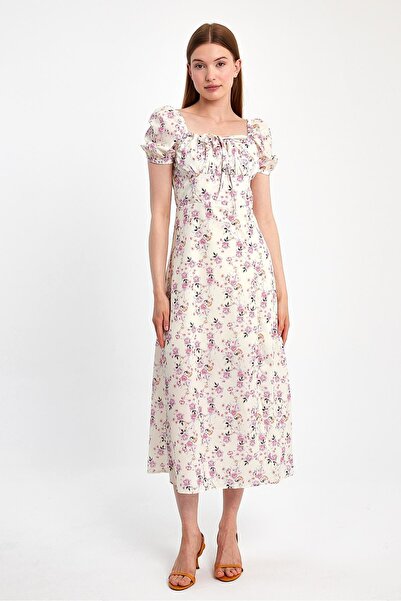 ihraç pazarı فستان نسائي طويل منقوش بالزهور مع ياقة وأربطة، فستان صيفي متوسط ...