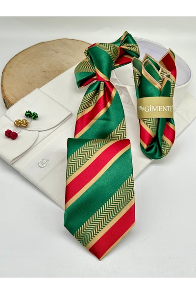 Gutiero Green and Red Striped Classic Tie with Handkerchief